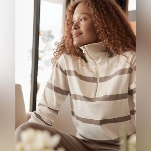 Haven Well Within XS Striped Quarter-Zip Pullover Cream & Brown
